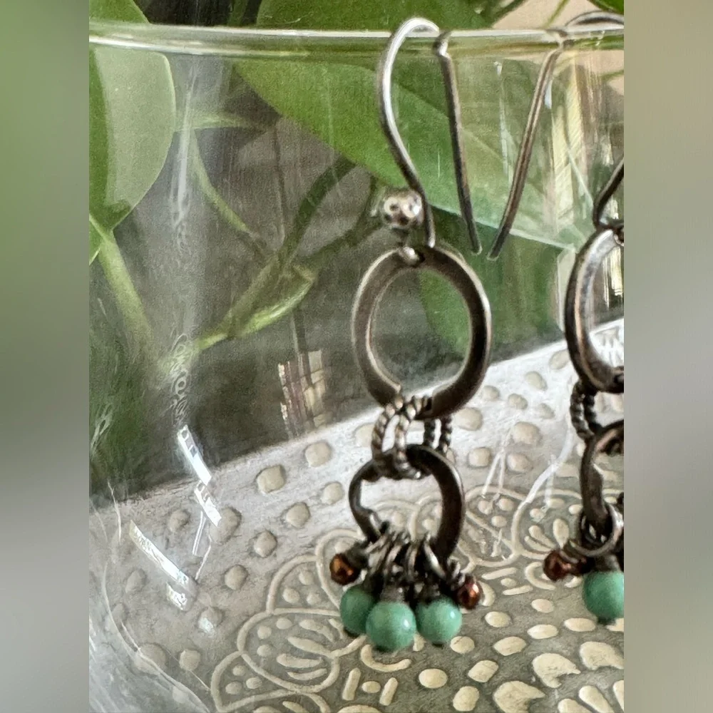 Silpada Earrings W1536 Sterling Double Circle Howlite & Bronze Seed Chandelier - Picture 2 of 5
